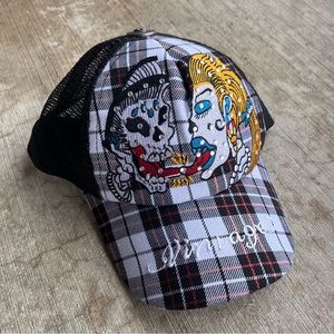 Vintage Y2K Ed Hardy Snapback Hat Skull Heart Rhinestone Tattoo Grunge Cap